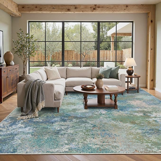 Area Rugs 8x10 for Living Room Bedroom, Modern Abstract Machine Washable Rug, Large Soft Low Pile Floor Carpet with Non Slip Backing for Dining Room, Blue Green