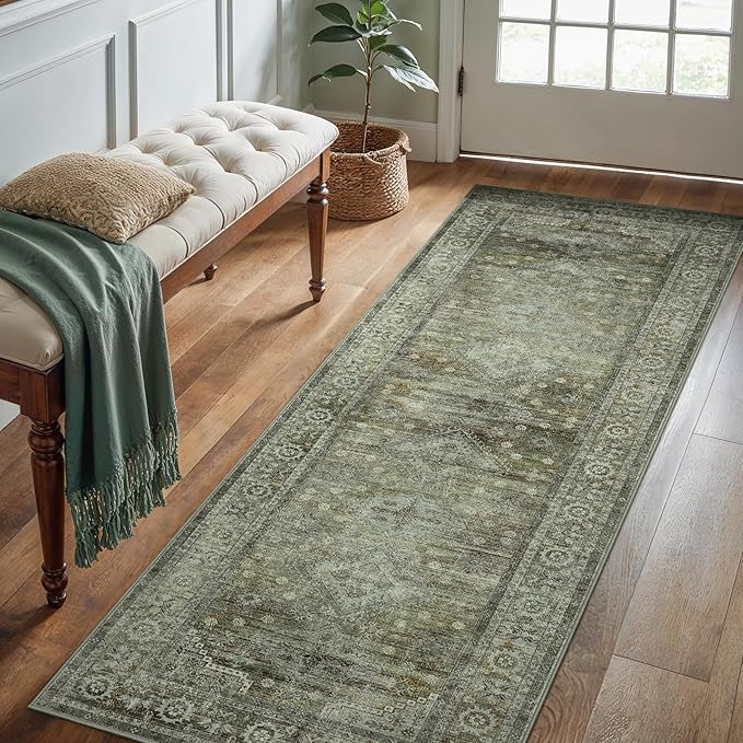 BEIMO Runner Rug for Hallway Kitchen, 2x5 Machine Washable Runners Rug for Entryway, Soft Modern Boho Throw Rugs, Low Pile Floor Cover with Non Slip Backing, Distressed Light Greyish Sage Green