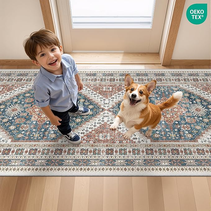 Hallway Runner Rug 2x12, Extra Long Washable Runner Rugs with Rubber Backing, Non Slip Runner, Vintage Rug Runners for Kitchen Laundry Room Entryway (Blue/Red,2'x12')