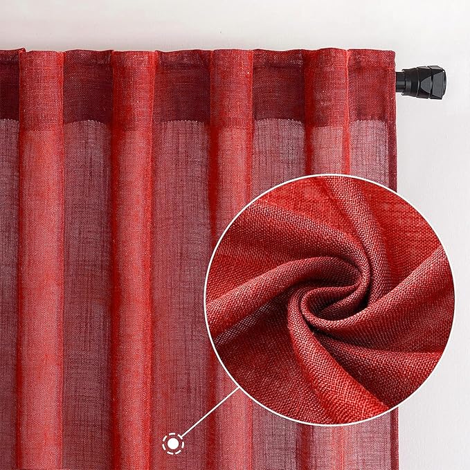MIULEE Red Linen Curtains 96 Inch Long for Bedroom Living Room, Soft Thick Linen Textured Window Drapes Semi Sheer Light Filtering Rod Pocket Back Tab Christmas Burlap Look, 2 Panels