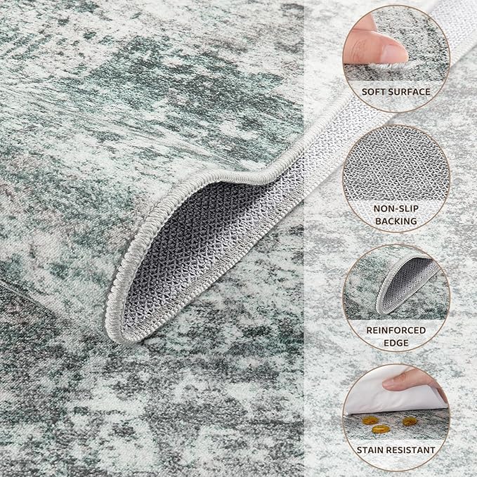 UERMEI 10x12 Area Rug Living Room Rugs - Washable Neutral Modern Abstract Soft Thin Large Rug Indoor Floor No Slip Rug Carpet for Bedroom Under Dining Table Home Office Decor - Green/Grey