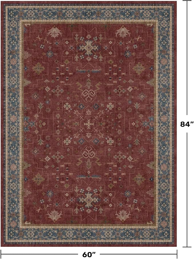 5x7 Boho Dark Red Rug for Living Room - Vintage Oriental Revival Low-Pile Carpet for Bedroom, Dining Table, Home Office, Machine Washable Area Rug Non-Slip with Rubber Back