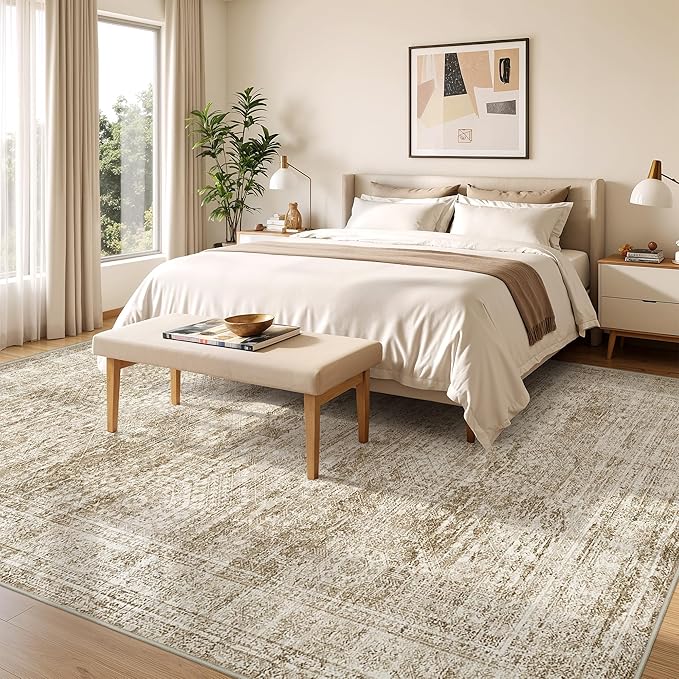8x10 Area Rugs for Living Room, Non-Slip Backing Large Washable Rug for Nursery Room, Vintage Abstract Bedroom Rugs, Thin Indoor Home Decor Soft Farmhouse Rug (8'x10', Brown/Ivory)