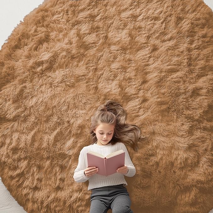 OLANLY Khaki Round Rugs for Bedroom - Machine Washable, 9 ft Circle Area Rugs for Living Room, Soft and Fluffy Shaggy Carpet for Teen Girl and Boys, Nursery Rooms, Dorms, Home Decor Aesthetic