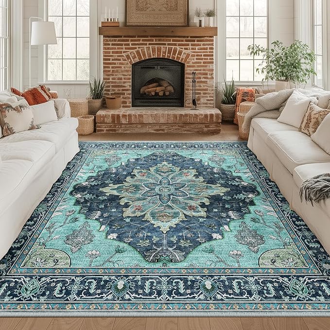 RELEANY Area Rugs Square 8ft Washable Non-Slip, Floral Vintage Distress Print Pattern Medallion Carpet for Living Room Bedroom Dining Room, Teal Green Lake Blue Turquoise