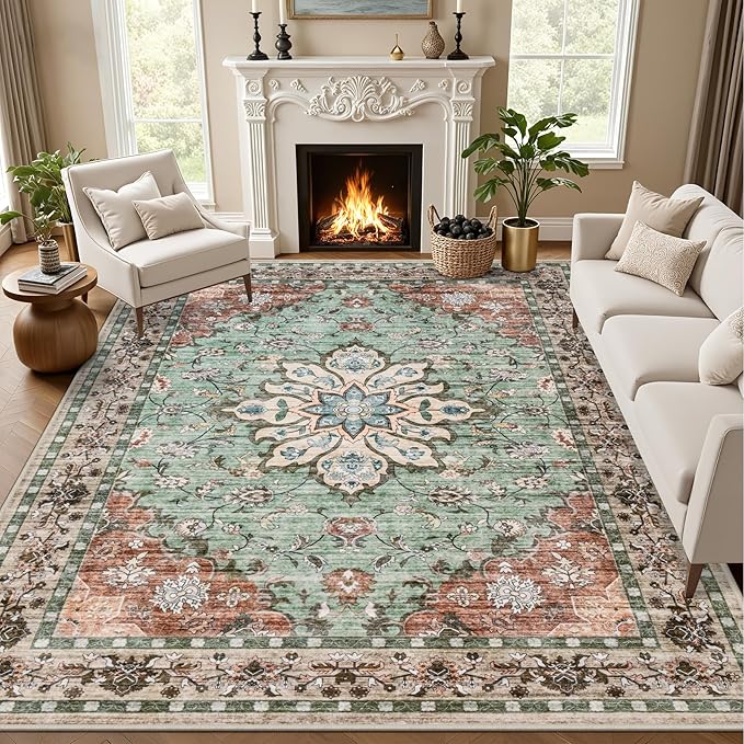 Area Rugs 10x14 Living Room Rug: Washable Rug Soft Vintage Distressed Floral Carpet Indoor Non-Slip Stain Resistant Large Carpets for Bedroom Dining Room Farmhouse Nursery Home Office Brown Green