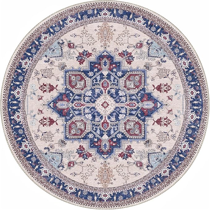 OPPODREAM Soft Round Rug 4ft, Washable Circle Rug 4ft with Non Slip Backing Play Room, Low-Pile Carpet 4 ft, Small Faux Cashmere Throw Carpet, Navy Blue & Red & Cream