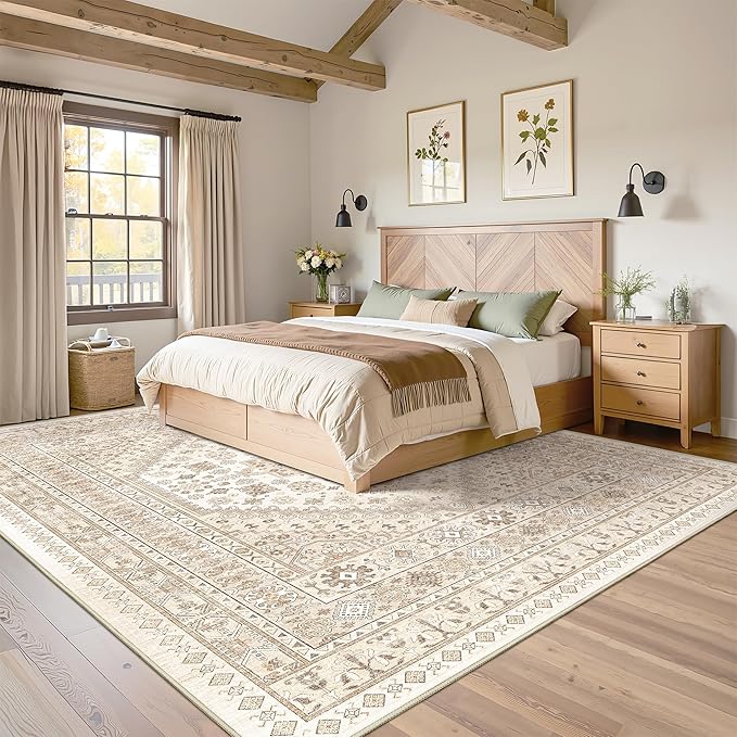 Washable Rugs 8x10 Area Rugs for Living Room, Non-Slip Backing Large Rug for Nursery Room, Vintage Floral Bedroom Rugs, Thin Indoor Home Decor Soft Farmhouse Rug (Cream/Beige,8'x10')