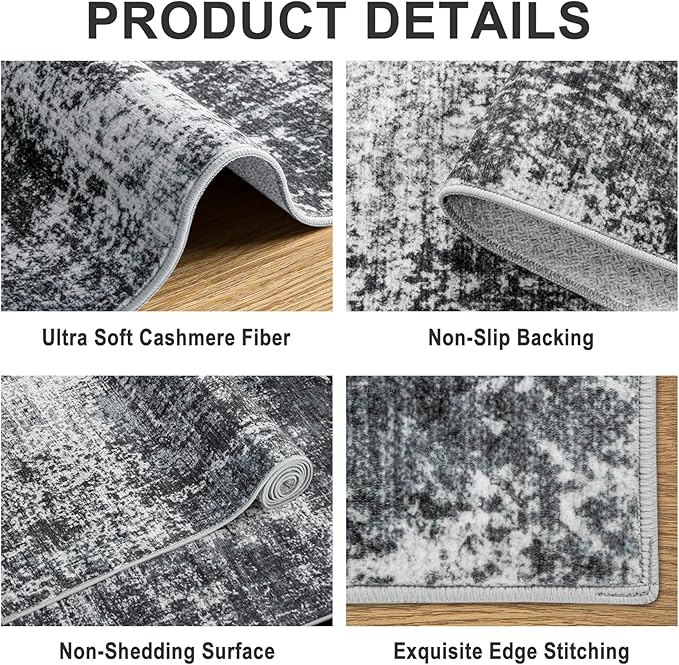 6x9 Area Rugs for Living Room - Washable Rug Modern Abstract Soft Large Neutral Non-Slip Carpet Indoor Floor Thin Carpets for Bedroom Dining Room Farmhouse Nursery Home Office Dark Black