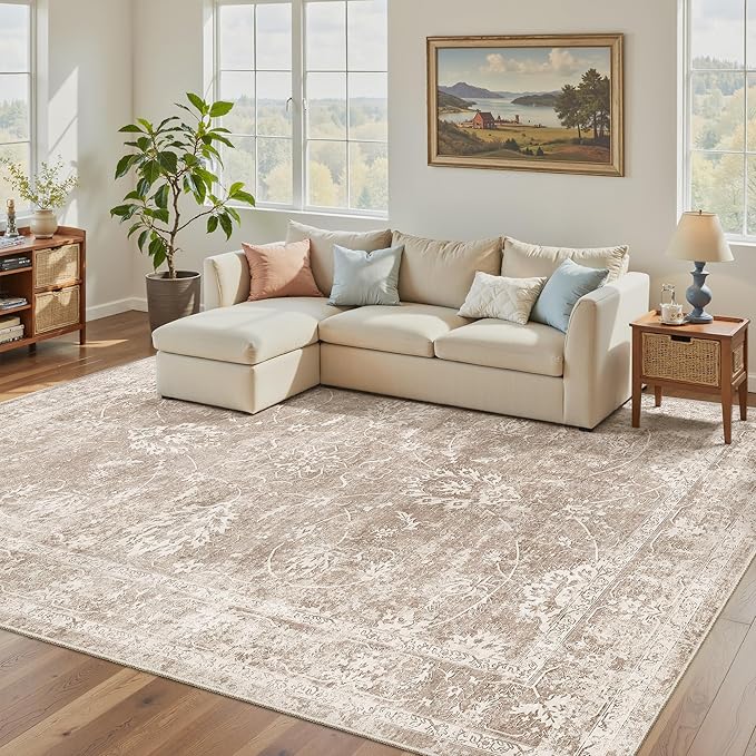 Madane Washable 6x9 Area Rugs for Living Room, Vintage Natural Rug with Non-Slip Backing, Soft Stain Resistant Throw Rugs Thin Carpet for Bedroom Dining Room Farmhouse (6 x 9, Brown/Sand)