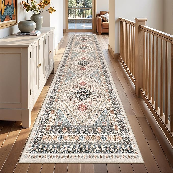 Runner Rug 2x10, Ultra-Thin Kitchen Rugs Non Slip Washable Rugs for Entryway Rug, Kitchen Runner Low Pile Vintage Soft Carpets for Living Room, Bathroom Bedroom (Blue/Red/Multi,2'x10')