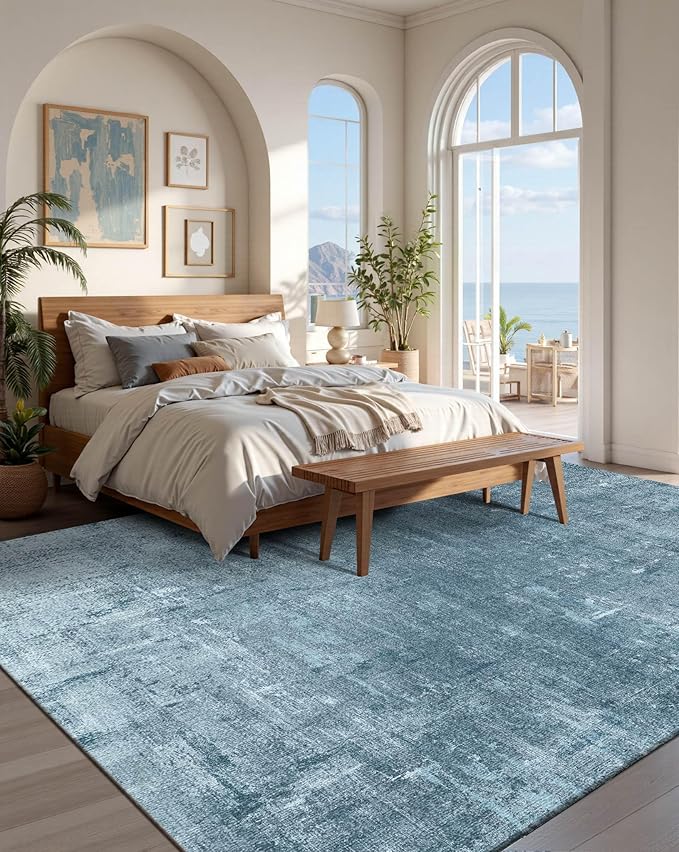 Latte&Fog 6x9 Area Rugs for Living Room Bedroom, Blue Modern Abstract Neutral Washable Rug, Boho Non Slip Low Pile Carpet for Dining Room, Dorm, Classroom, College Dorm, Farmhouse and Kids Room - Blue