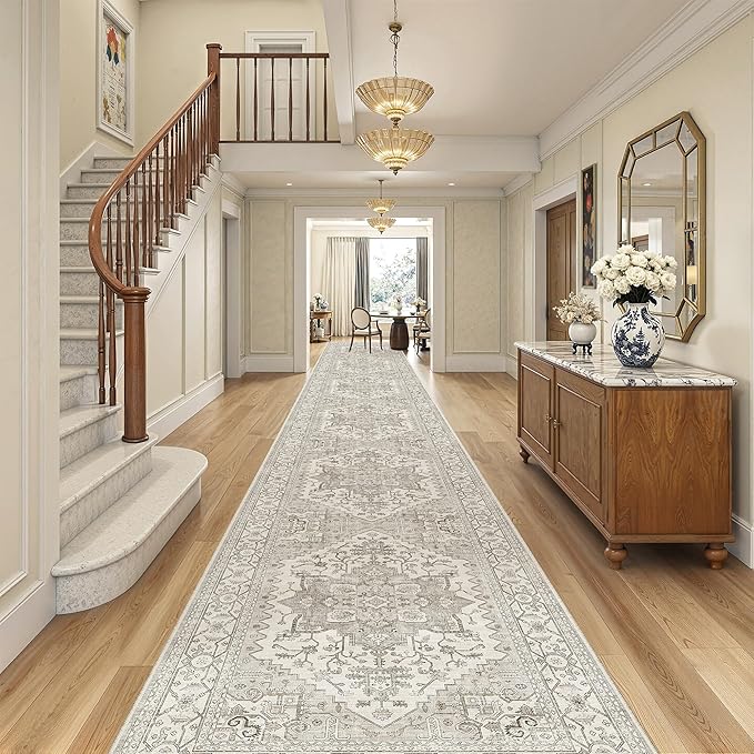 Madane 3x20 Hallway Runner Rug - Extra Long Carpet Runners for Hallways 20ft Non Slip Stain Resistant Rugs Runner for Living Room Bedroom 20 Feet Distressed Floor Carpet for Kitchen, Beige/Brown