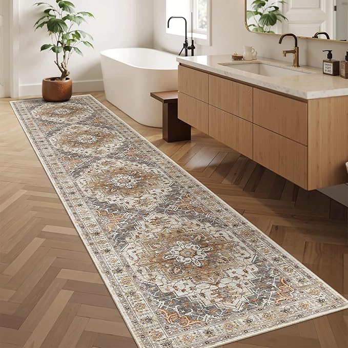 Madane Runner Rugs for Hallway 2x10 Long Washable Non-Slip Hallway Runner Rug Low-Pile Stair Kitchen Runner Throw Carpet for Entrance Living Dining Laundry Room (Turmeric/Grey, 2 x 10)