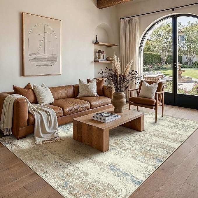 PureCozy 8x10 Area Rug Washable Beige Brown Abstract Living Room Carpet Non Slip Modern Neutral Soft Low Pile Contemporary Aesthetic Bedroom Large Rug Indoor Office Dining Room Playroom
