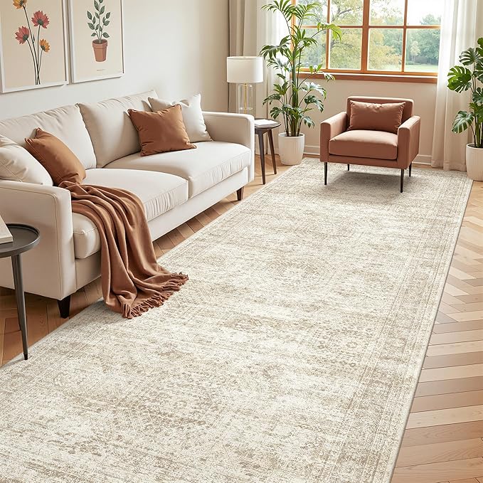 4x10 Runner Rug, Washable Hallway Runner Rug with Non-Slip Backing, Low Pile Wide Runner for Living Room, Entryway, Kitchen, Soft Modern Home Decor Mat for Dining Room(4'x10', Beige/Ivory)