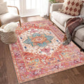 Yamaziot Washable Area Rug, 4x6 Non-Slip Boho Vintage Living Room Bedroom Rug with Rubber Backing, Low Pile Faux Wool Soft Distressed Rug Floor Carpet for Living Room, Laundry, Kids Playroom (Pink)