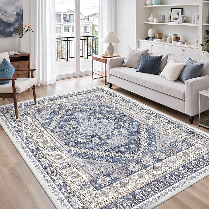 zesthome 6x9 Area Rug, Super Soft Washable Rugs for Living Room, Non-Slip Stain Resistant Vintage Rugs, Ultra-Thin Large Area Rugs (Blue/Beige,6'x9')