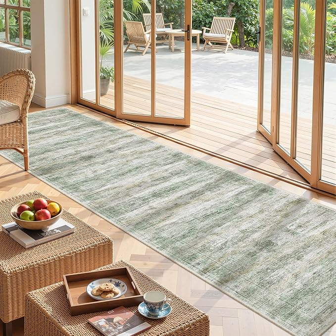 Long Hallway Runner Rug- Carpet Runners for Hallway 12ft, Anti Slip Backing Washable Rug Runner for Entrance, Living Room, Soft Low Pile Modern Rug Runner(2'x12', Green/Yellow/Ivory)