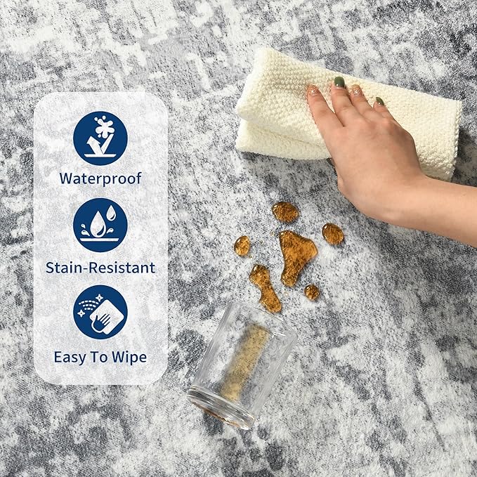 Living Room Rug 7x10 Gray Area Rugs Machine Washable Abstract Boho Large Rug Non-Slip Non-Shedding Faux Wool Indoor Vintage Carpet for Bedroom, Classroom, Dining Room, Kids Playroom