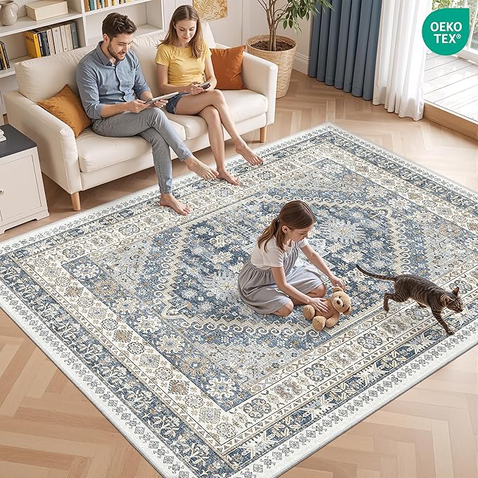 Washable Rugs 8x10 Area Rugs for Living Room, Non-Slip Backing Large Rug for Nursery Room, Vintage Floral Bedroom Rugs, Thin Indoor Home Decor Soft Farmhouse Rug (Blue/Beige,8'x10')