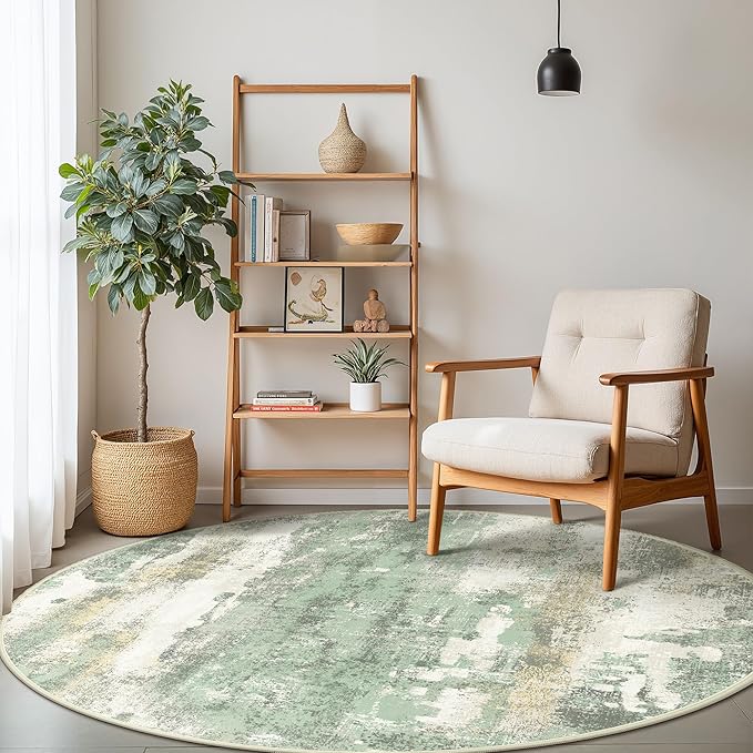 BEIMO Round Rugs 4FT for Living Room Bedroom, Modern Abstract Machine Washable Circle Rug, Soft Low Pile Floor Cover with Non Slip Backing for Dining Room, Light Green