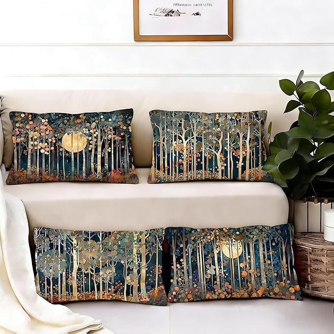 Rustic William Morris Inspired Forest Moon Decor Pillow Covers 12x20 Set of 4,Vintage Botanical Nature Landscape Decorative Throw Pillow Covers for Home Bedroom Living Room,Fall Home Room Decor
