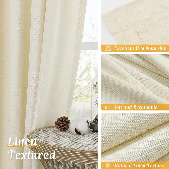 LAMIT 48 Inch Short Window Linen Curtains, Light Beige Soft Thick Light Filtering Panels Rod Pocket Neutral Privacy Faux Linen Drapes for Bedroom/Bathroom/Loft Room, 2 Panels, 42 x 48 Inch