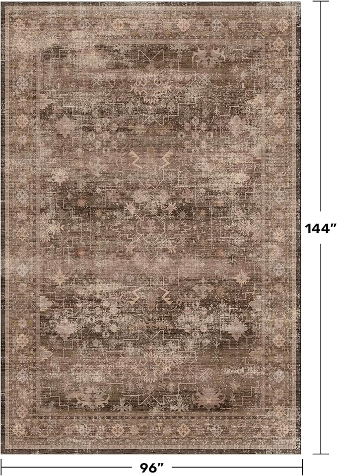 Hazo Haus Gold Brown 8x12 Big Rugs for Living Room - Non Slip Washable Vintage Area Rug for Dining Room Under Table, Geometric Floral & Low Pile Boho Bedroom Decor