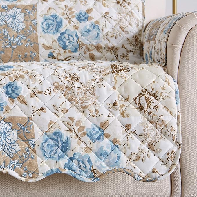Great Bay Home Reversible Floral Patchwork Loveseat Furniture Protector - Machine Washable, Scalloped Edge, Stain Resistant, Printed Furniture Cover for Dogs, Kids, and Pets (Taupe/Blue)