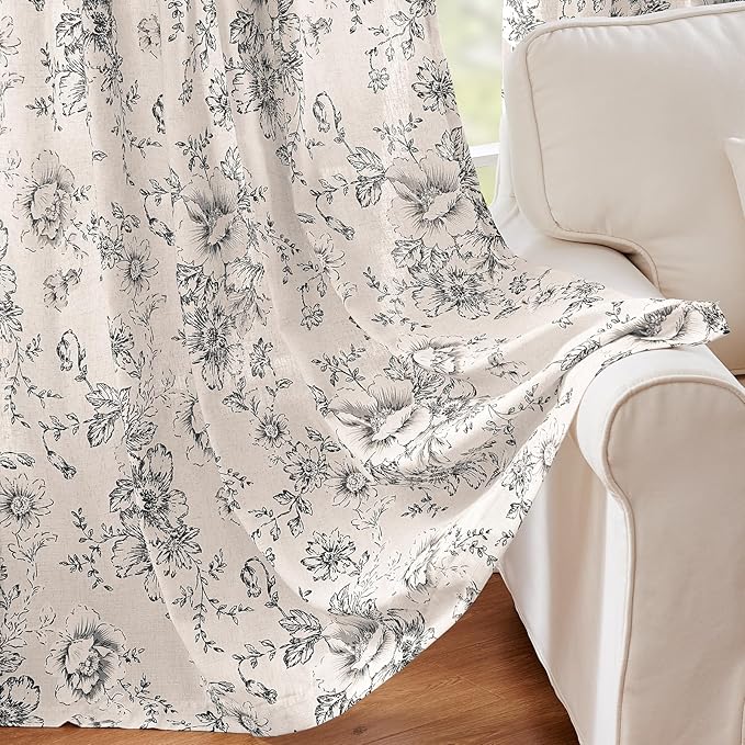 jinchan Linen Blend Curtain Floral Curtains for Living Room 84 Inch Length Black Printed Curtain Rod Pocket Back Tab Farmhouse Peony Flower Patterned Drapes Bedroom Window Curtains Set 2 Panels