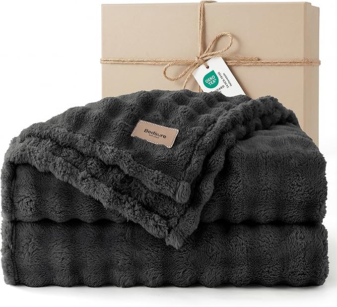 Bedsure 3D Fleece Bubble Blanket - GentleSoft Grey King Blanket for Sofa Bed Room Decor - Luxury Soft Cozy Gifts for Kids, Lightweight, All Seasons, Dark Grey, 108"×90"
