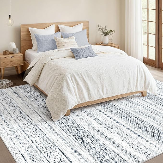 Nakagishi 8x10 Area Rugs Living Room: Washable Boho Large Neutral Soft Farmhouse Rug Stain Resistant Modern Indoor Floor Non-Slip Carpet for Bedroom Nursery Kids Playroom Office Dining Dorm-White Blue
