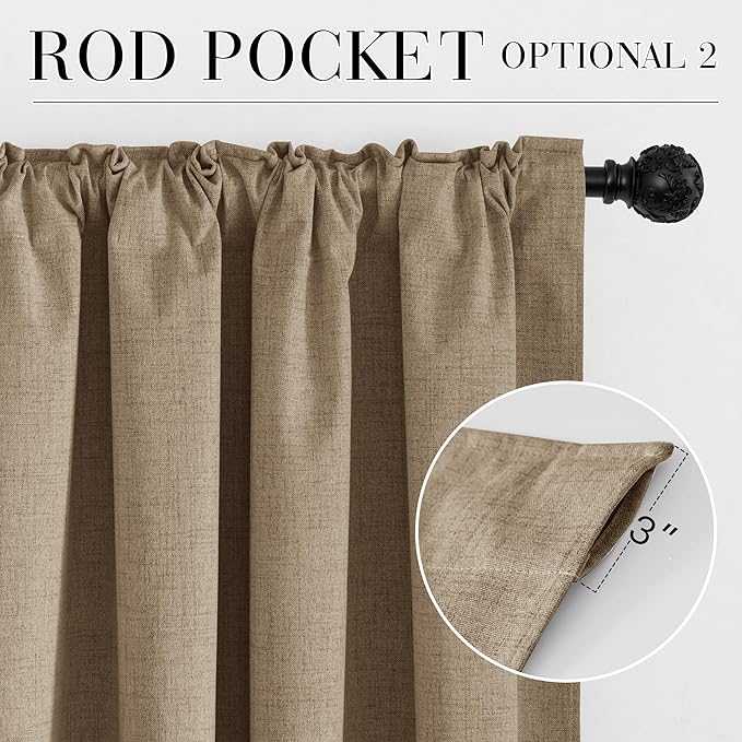 RYB HOME Burlap 100% Blackout Curtains 63 inch Long, Light Blacking & Thermal Insulated Curtains for Nursery/Bedroom/Boys'Room, Back Tab & Rod Pocket Window Treatment, W52 x L63, 2 Panels