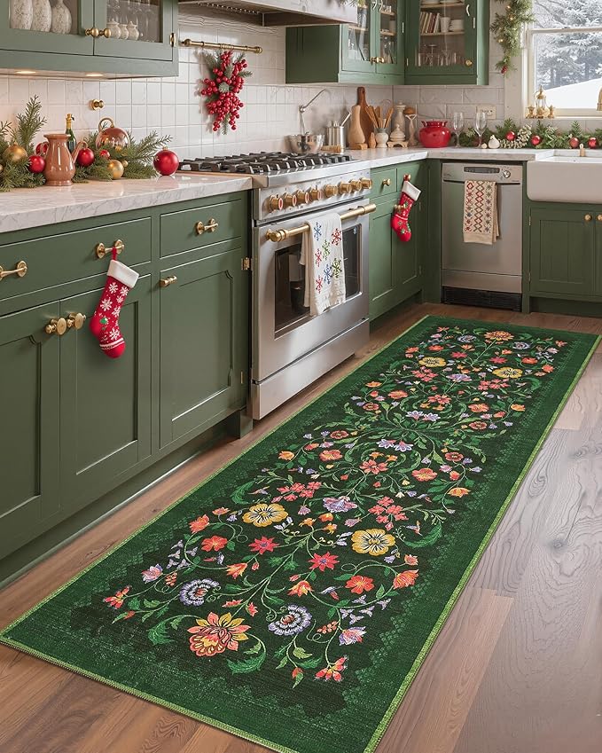 Protea Floral Rug 2.5x8 Runners for Hallways, Boho Kitchen Runner Rugs Non Slip Bath Runners, Vintage Washable Runner Rug for Bedroom, Soft Long Rugs for Entryway Bathroom Laundry Dorm, Forest Green