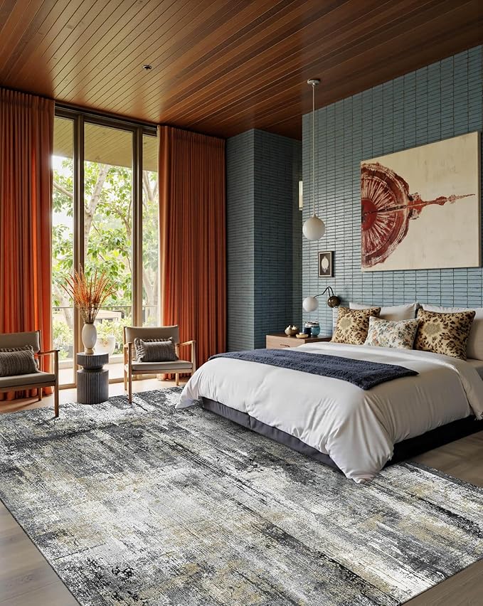 Latte&Fog 6x9 Area Rugs for Living Room Bedroom, Black Modern Abstract Neutral Washable Rug, Boho Non Slip Low Pile Carpet for Dining Room, Dorm,Classroom,College Dorm and Farmhouse - Black Gold
