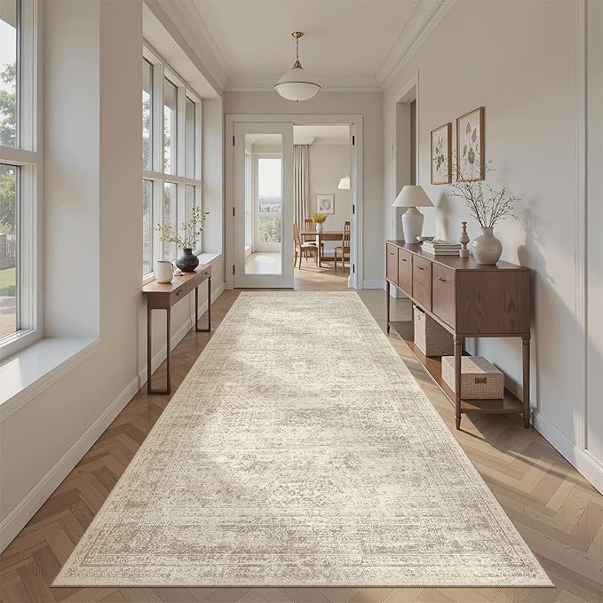 Soalmost Hallway Runner Rug 4x8 Wide: Washable Thin Runners for Hallways Entry, Non Slip Soft Vintage Kitchen Area Rugs for Living Room Bedroom Dining Room Foyer (Beige, 4x8)