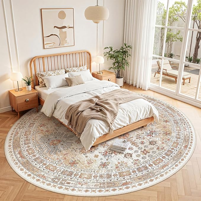zesthome 9ft Round Rugs for Living Room, Non-Slip Washable Round Area Rugs, Ultra-Thin Large Circle Rugs, Soft Low Pile Rug for Bedroom, Kitchen - Vintage Stain Resistant Round Rug (Orange,9'x9')
