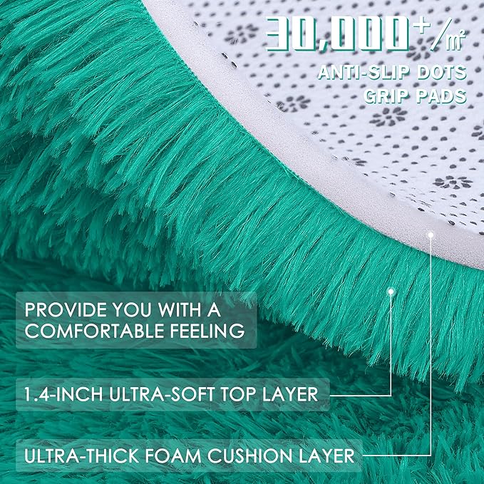OLANLY Teal Green Round Rugs for Bedroom - Machine Washable, 4 ft Circle Area Rugs for Living Room, Soft and Fluffy Shaggy Carpet for Teen Girl and Boys, Nursery Rooms, Dorms, Home Decor Aesthetic