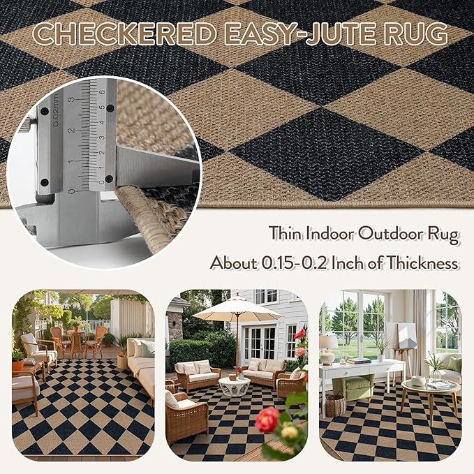 Lahome Colette Checkered Easy Jute Carpet, Washable 8x10 Rugs for Living Room Outdoor Patio Rugs, Farmhouse Neutral Non Slip Stain Resistance Floor Carpet for Office Backyard Sunroom