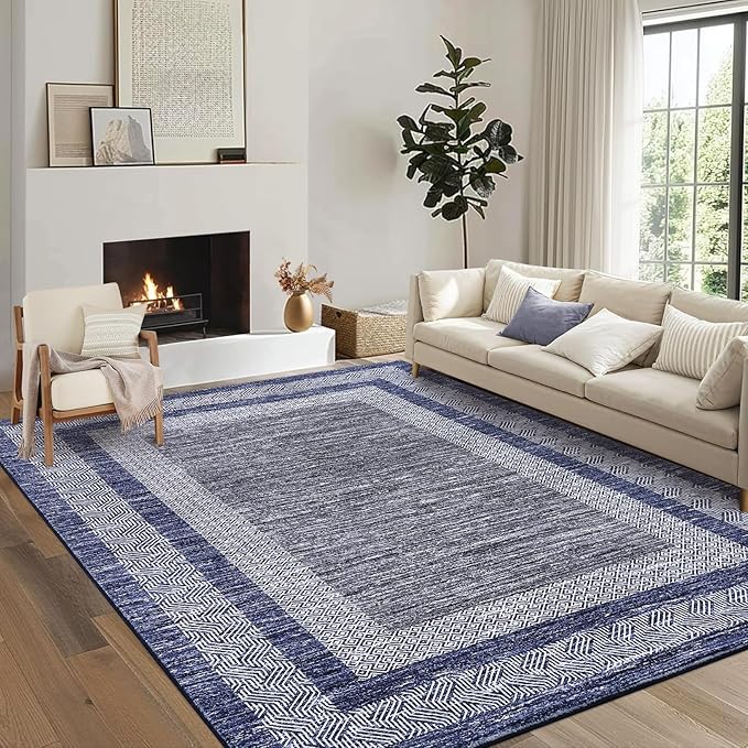 GarveeHome 6x9 Large Washable Area Rug Modern Bordered Rug Distressed Geometric Floor Carpet, Soft Non Slip Low Pile Non Shedding Rug, Indoor Navy Blue for Bedroom, Living Room
