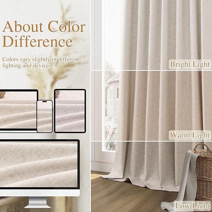 Guken Oatmeal 100% Blackout Curtains 102 Inch Length 2 Panels Set for Living Room Bedroom Back Tab Thermal Insulated Black Out Linen Drapes Room Darkening Window Curtains 102 Inches Long