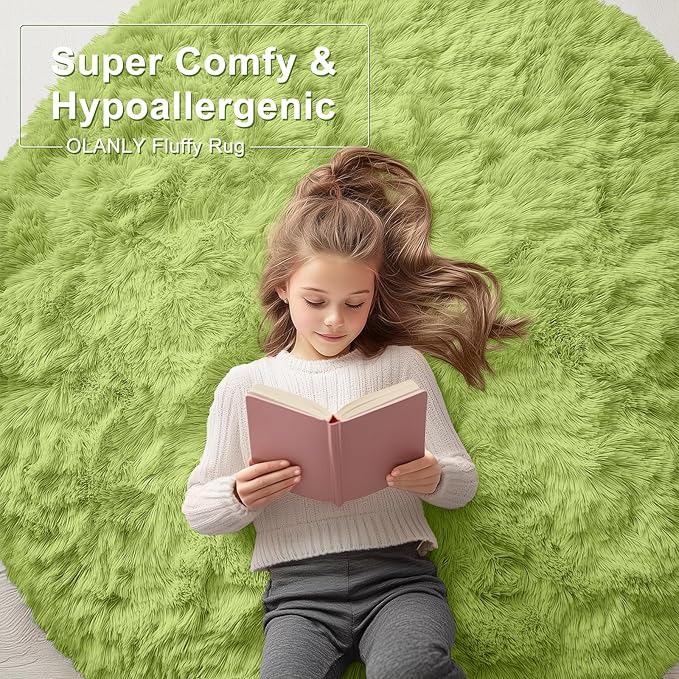 OLANLY Grass Green Round Rugs for Bedroom - Machine Washable, 2 ft Circle Area Rugs for Living Room, Soft and Fluffy Shaggy Carpet for Teen Girls and Boys, Nursery Rooms, Dorms, Home Decor Aesthetic
