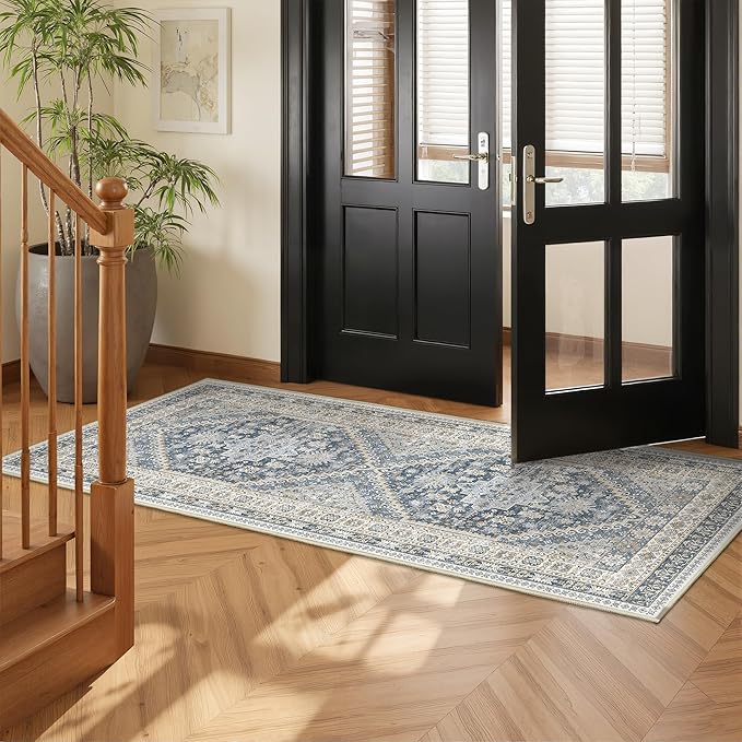 2x5 Rug Runner Washable for Entryway, Soft Bathroom Rugs with Non-Slip Backing,Vintage Low Pile Stair Runner, Small Kitchen Carpet for Hallways, Laundry Room(Blue/Beige,2'x5')