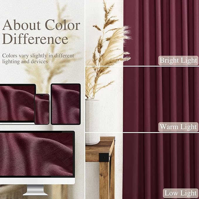 Burgundy Linen Curtains 63 Inches Long 2 Panel Sets for Living Room Bedroom Rod Pocket Back Tab Light Filtering Drape for Kitchen Window Short Protect Privacy Curtain Modern Farmhouse Decor 52x63