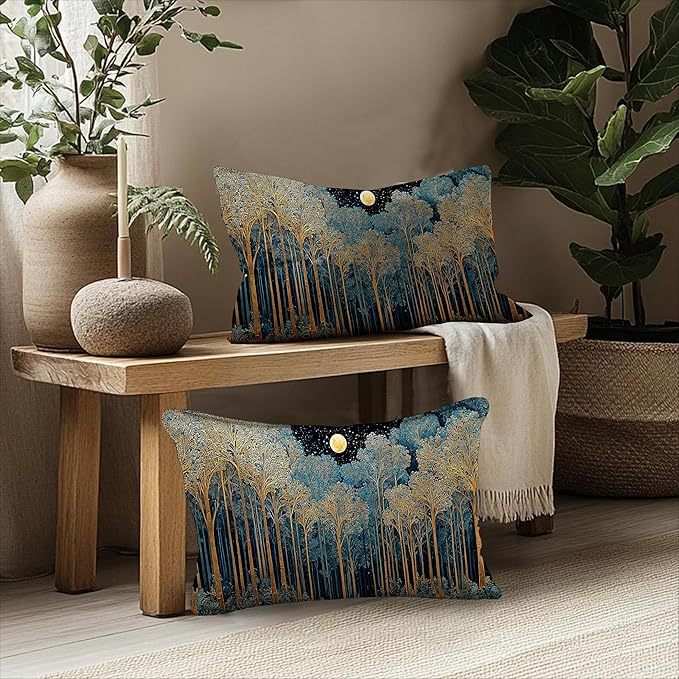 Rustic William Morris Inspired Forest Green Moon Decor Pillow Covers 12x20 Set of 2,Vintage Night Moon Botanical Nature Landscape Decorative Throw Pillow Covers for Home Bedroom Living Room