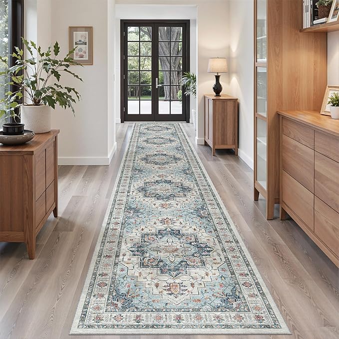Madane Hallway Runner Rug 2'6''x14' Kitchen Runner, Non Slip Vintage Runners for Hallways Washable Kitchen Rugs Soft Low Pile 2.5x14 ft Rug Runner for Laundry Room, Entryway and Bedroom, Blue