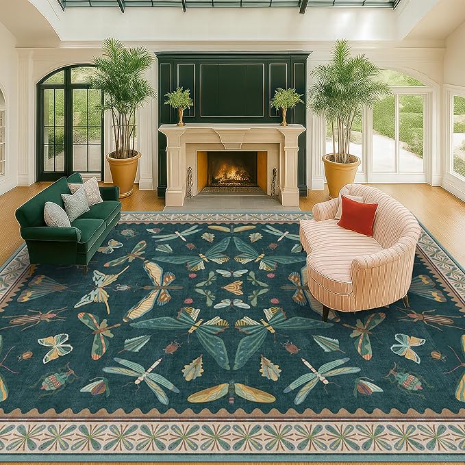 Hazo Haus 9x12 Large Living Room Rug - Dark Teal Multi Dining Room Rugs for Under Table, Bedroom, Kids Room, Classroom, Insect Butterfly Floral Décor, Lightweight Non Slip Low Pile