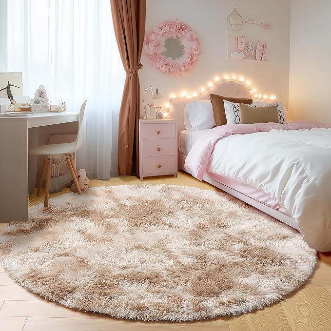 ONASAR Tie-Dye Beige Round Area Rug 4ft, Soft Bedroom Circle Rugs Floor Mats for Kids Girls Teen Room, Kawaii Fluffy Plush Shaggy Carpet for Baby Nursery Living Room Playroom Home Decor