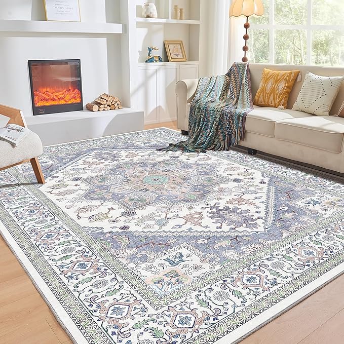 OPPODREAM Soft Area Rugs 5x7, 5x7 Washable Rug with Non Slip Backing, 5 x 7 Faux Cashmere Low-Pile Carpet, Purple & Green & Cream